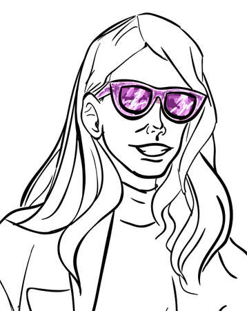 Woman in purple sunglasses isolated hand drawn portrait sketch. Vector illustration of lady outline face. pretty girl with long hair, stylish elegant female drawing. Fashionable vogue model on whiteのイラスト素材