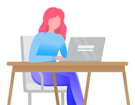Freelancer woman working on laptop completing tasks. Isolated worker of company dealing with development of organization. Manager or student looking at screen of computer, vector illustrationのイラスト素材