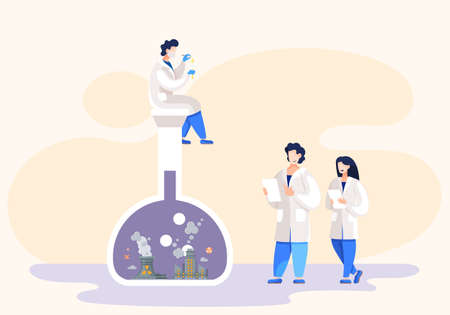 Scientists working in laboratory doing research, making analysis of environmental pollution, sitting on a large glass flask with smoke plant inside. Men making scientific experiments, doctor in labのイラスト素材