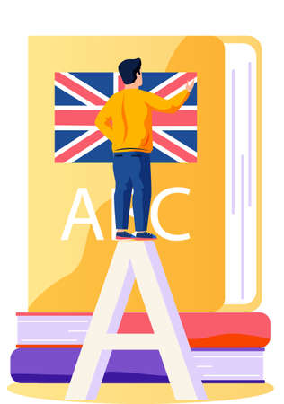 Man standing and learning English language with big textbook. Male student chooses a book back view. Concept of learning languages, translation service. Vector illustration in flat designのイラスト素材