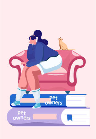 Young woman in summer clothes sits on a sofa with a ginger cat on a stack of books. Female at home is resting with a pet looking up. Romantic or thoughtful girl dreaming with a kitty flat vectorのイラスト素材