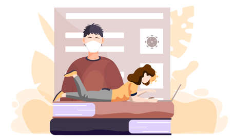 A girl with a laptop lies on books and works or studies on her computer from home during COVID-19. Online learning with a poster about the need to prevent the spread of coronavirus. Quarantineのイラスト素材