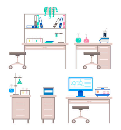 Collection of working places for scientists and researchers. Set of isolated tables with test tubes, flasks and files with documents and stats. Computer with information on experiments vectorのイラスト素材