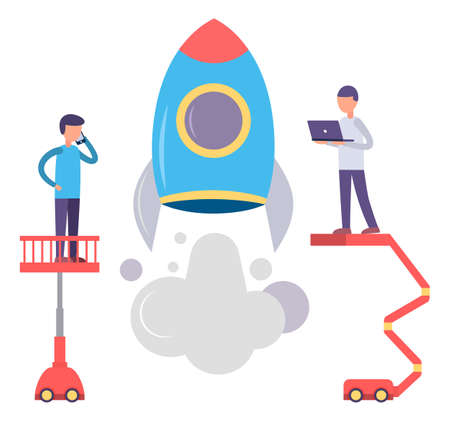 People launch rocket into space. Workers examine spaceship before takeoff. Shuttle flying to space for new opportunity for business. Missile for cosmos travels and exploration. Work on start up ideaのイラスト素材