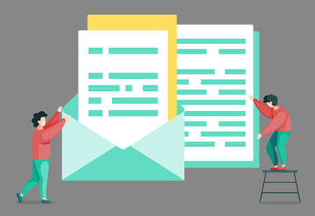 Man on ladder and big documents in envelope, lot of work to do for usual worker. Vector illustration...