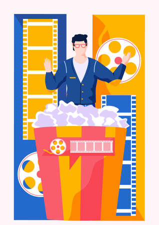 A man in a business suit with glasses getts out of a large bucket of popcorn on the background of a film strip. Online cinema. Watching a movie on the internet. Cinematograph. Online entertainmentのイラスト素材