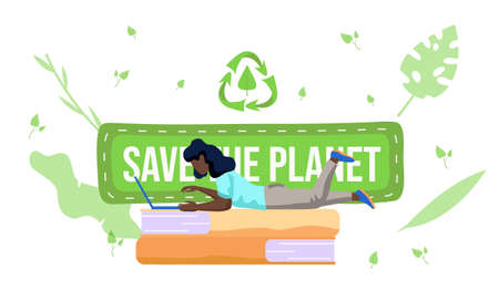 A girl with a laptop lies on the books and works or studies on her computer. Save the planet...