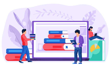 Male and female students use their laptops to find books to prepare for the lesson via the Internet. The guy carries DVD disks. Monitor with a picture of books on the background. Online libraryのイラスト素材
