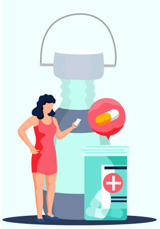 A girl in a red dress is standing with a smartphone in her hands and looking for suitable treatment for herself. Woman patient on background of large iron bottle for water. Large container with pillsのイラスト素材