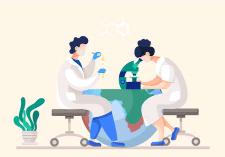 Scientists in lab. People in white coat and protective masks work with a microscope and a test tube,...
