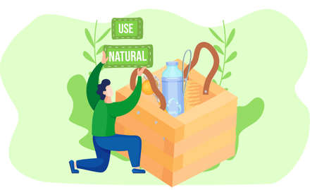 A man holds an inscription in his hands. Wooden box with comb, brush and plastic water bottle inside. Use of natural bath accessories. Environmentally friendly. Save the planet concept. Ecologyのイラスト素材