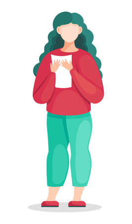 Flat vector illustration of young long-haired woman in red sweater and green pants with document in hands. Portrait of business worker with report in hands looking forward at white background.のイラスト素材
