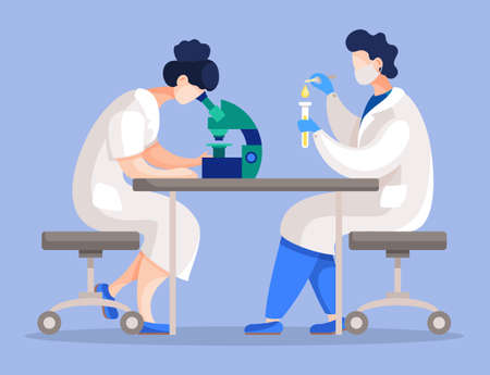 Scientists working in laboratory, people examining substances or cell. Man and woman using microscope. Male heating liquid filled in test flask. Chemists in lab of hospital or clinic. Vector in flatのイラスト素材