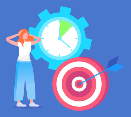 Woman in hurry, learning how to achieve goal, effective time management concept. Vector illustration clock with no time, deadline, necessity in effective management. Searching way to structure processのイラスト素材