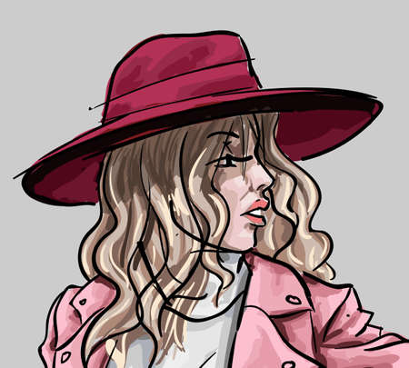 Fashion girl sketch, profile view of girl in hat, sexy blonde woman profile. Vector illustration stylish pretty girl portrait, side view of girl, hand drawn. Fashionable creative woman, vogue modeのイラスト素材