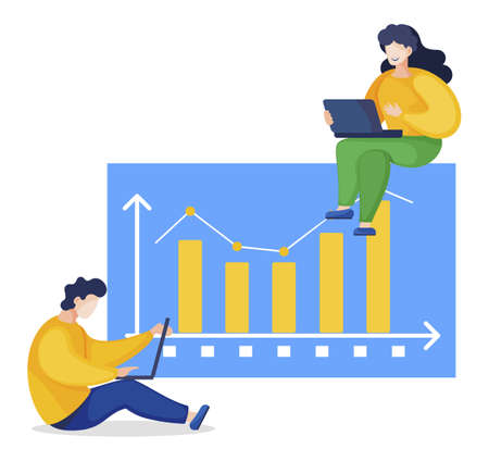Man and woman sitting near board with analytics graphic. People working on laptops on project together, teamwork. Company statistics graphs, financial information. Vector illustration in flat styleのイラスト素材