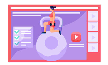 Beautiful young woman dressed in sportswear doing fitness squat down with dumbbells, video player with workout exercise tutorial. Healthy lifestyle, girl training, doing sports remotely from homeのイラスト素材