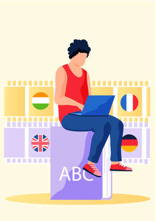 Learning foreign languages. A male student sitting with laptop typing message to his teacher. Man studying at a language school, modern technologies of online learning from home. Freelance translatorのイラスト素材