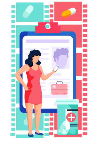 Online medical consultation concept. Remote communication with a doctor or pharmacist. Female patient with a mobile phone receives a consultation with a therapist via an online applicationのイラスト素材