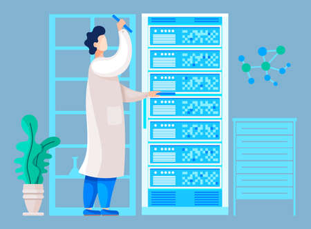 Researcher working in science center checking results of test or analysis. Modern laboratory with equipments and technologies for medical expertise. Medical worker or chemist, vector in flat styleのイラスト素材