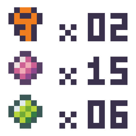 Icons and points in pixel style vector illustration, score points keys and gemstones, number and info board, pixelated 8 bit game. Minimalistic cartoon isolated pixelated object of arcade pixel gameのイラスト素材