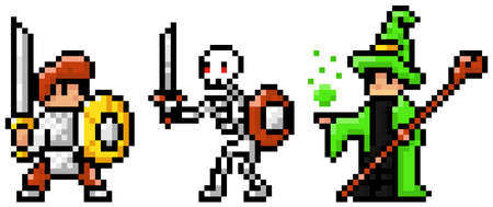 Pixel art style character in game arcade play vector. Man with shield and sword skeleton and wizard, retro gaming mode. Player hero character, skeleton with weapons, magician, sorcerer with stickのイラスト素材