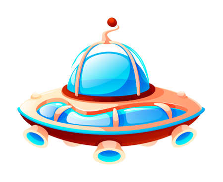 Colorful ufo isolated at white background. Concept of space icon for computer or mobile game. Space elements. Futuristic unknown flying object, space theme. Vector illustration in cartoon styleのイラスト素材