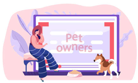 Video blog for pet owners, women near computer screen with tutorial about keeping dogs at home. Information post about how to choose a pedigree puppy, animal care concept flat vector illustrationのイラスト素材