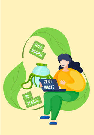 Girl with a laptop in her hands sits on the green recycling  and works or studies on her computer. Recycling garbage and unnecessary things. Natural products and waste-free production. Environmentのイラスト素材