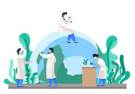 Laboratory assistants conduct experiments with plants, study the impact on the environment. Ecological researcher analyzing test data, communicating. Scientist holding test tube, sitting on the globeのイラスト素材