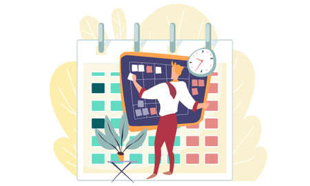 Male employee with a tie on his shoulder glue a sheet of paper onto the board with stickers next to the clock. The schedule is behind the board. The flower pot is on the table next to the manのイラスト素材