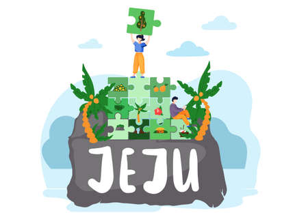 Banner with image of the main attraction of the south korean island Jeju and the inscription. Stone park, coconut trees, tropical plants in botanical garden and happy tourists against the blue skyのイラスト素材