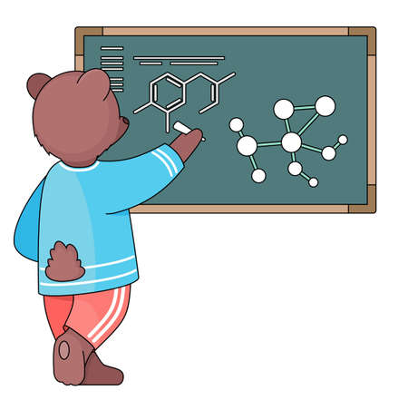Funny cartoon animal student. A smart bear schoolboy with chalk in hand is writing on a blackboard. Pupil is drawing a chemical compounds and molecules. Back to school concept, education themeのイラスト素材