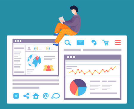 Worker making web analytics, analysing charts, diagram, statistic of site using. Co-worker, coder, programmer search, analysing information. Dashboard with two web pages with social network, iconsのイラスト素材
