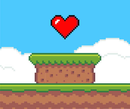 Pixel art game background with heart in the sky. Pixel art game scene with green grass platform stands on the ground against a blue sky and big red heart. Pixel style landscape vector illustrationのイラスト素材