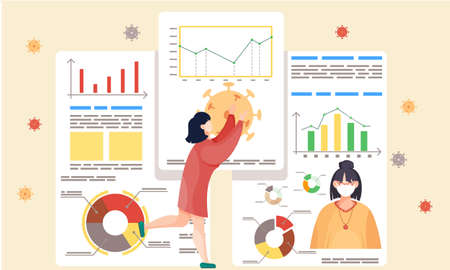 Woman raised her hands up standing near coronavirus infographics diagram, statistics and info chart. Covid-19 virus infection quarantine by sector, disease recovery and death percent share chartsのイラスト素材