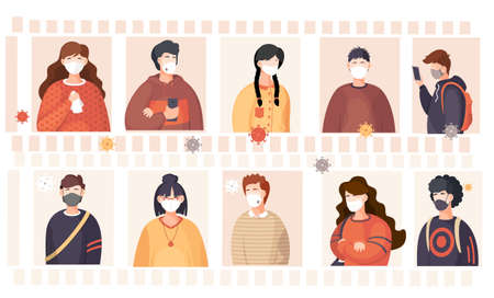 Covid-19 or desease prevention concept with diverse people washing hands, wearing a surgical face mask and respirators. A group of students in quarantine saves from illness and takes actionのイラスト素材