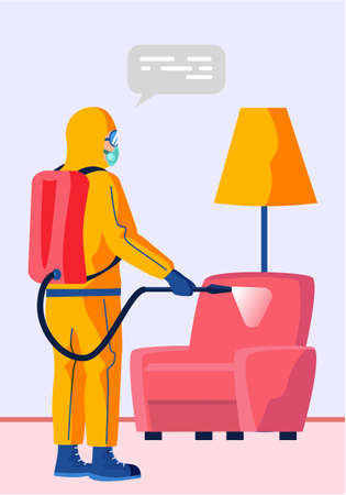 Man in a yellow protective suit disinfects the living room or office with a spray gun. Virus pandemic COVID-19. Prevention against Coronavirus disease, premises sanitization flat vector illustrationのイラスト素材