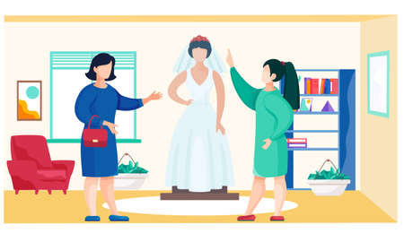 Tailor and customer at bridal salon, fashion atelier studio workshop. Master talking to bride. Tailoring, measuring and sewing process. Clothes store interior, young girl in a wedding white dressのイラスト素材
