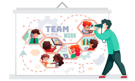 A man with a camera takes pictures of a poster depicting a group of people. Office staff work together on their computers. Well-coordinated workflow in a studio. Team of people work to achieve goalsのイラスト素材