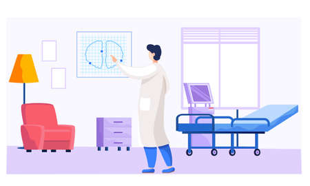 Health protection concept. The doctor in the medical office holding lung snapshot in his hand. Therapist male character in medical clothes in the hospital examines patient fluorography flat designのイラスト素材