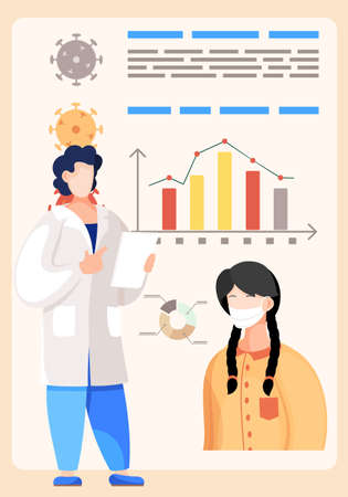 Coronavirus statistics. Prevention covid-19. Stop the virus. Dynamics of the spread of the virus. Man doctor looking indicators on poster with girl in medical face mask. Diagram with descriptionsのイラスト素材