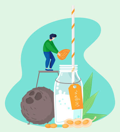 Plant-based vegan nutty milk. Healthy cow alternative to lactose milk, an environmentally friendly product lactose free. Milk replacement banner with milk in bottle, different nuts and a tiny personのイラスト素材