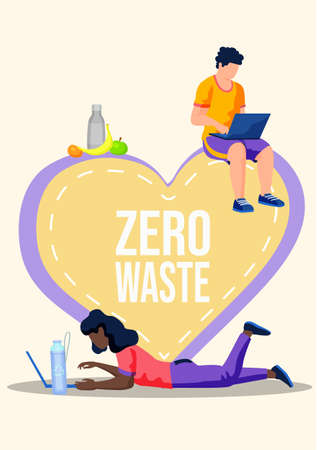 Man is working or studying on the computer sits on the heart with the inscription. Woman lying on the floor is using her laptop for communication and drinks from a reusable plastic bottle. Zero wasteのイラスト素材