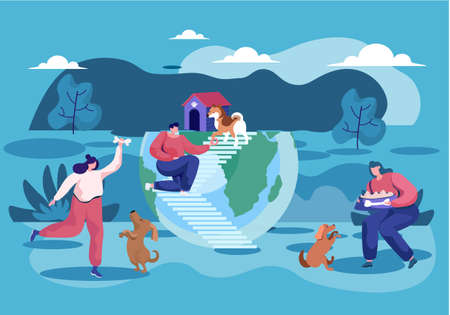 Pet owners group of women spend time with their dogs, take care of domestic animal cheerful puppy. People have fun and active time, play with funny pets. Flat vector illustration in blue coloursのイラスト素材