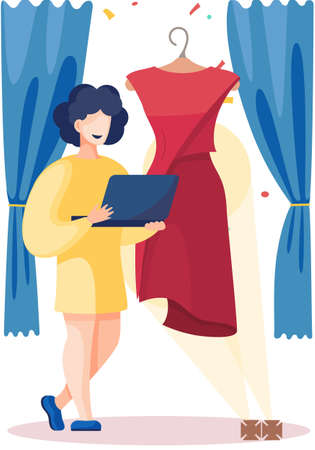 The girl stands with laptop in her hands. The designer demonstrates the finished product to the client. A seamstress show the new red dress hanging on a mannequin. Custom tailoring. Creative atelierのイラスト素材