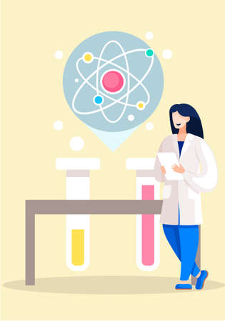 Female scientist researcher conducting an experiment in the laboratory. Research in the chemistry room. Reagents in test tubes. Nucleus structure. Girl is standing with a tablet in her handsのイラスト素材