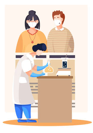 Medical worker in lab. Woman in white coat and gloves works with test tube, checks liquid, chemical researcher with laboratory equipment. Science experiment, development of a vaccine against the virusのイラスト素材