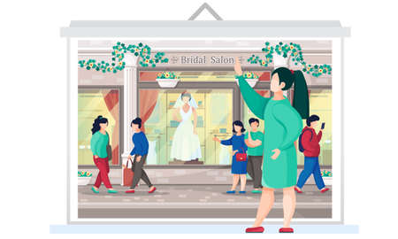 Wedding dress shop, woman bride daily life. Couple walking down the street near bridal salon storefront. Mannequin in elegant bridal clothes collection at cartoon showcase, fashionable boutiqueのイラスト素材