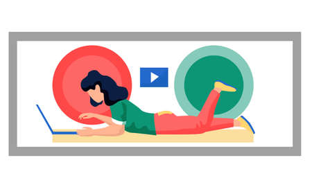 The girl lying with a laptop and working on her computer. Woman is typing on the keyboard. Video player sign on background. Images of red and green signals on the screen. Video about female characterのイラスト素材
